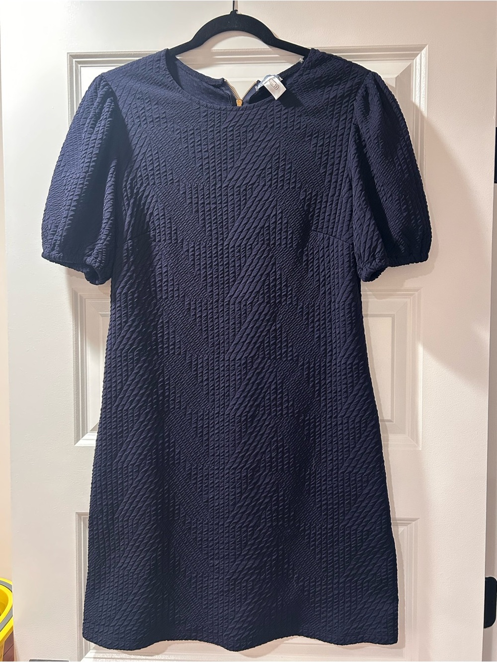 London Times Navy Textured Puff-Sleeve Mini Dress